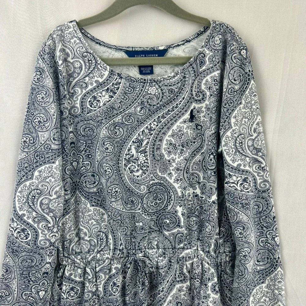 Ralph Lauren Dress Girls Size Medium Paisley Floral Long Sleeves Navy Blue White